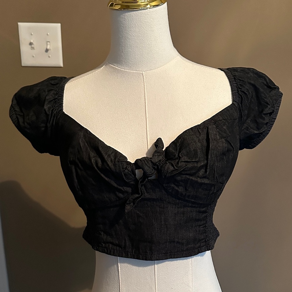 Unique Vintage Black  Denim Puff Sleeve Women's Crop Top Size L